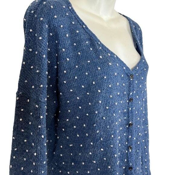 Oddy Womens Blue Swiss Raised Dot Womens Cardigan Sweater Plaid Ruffle V-Neck M - Picture 6 of 16